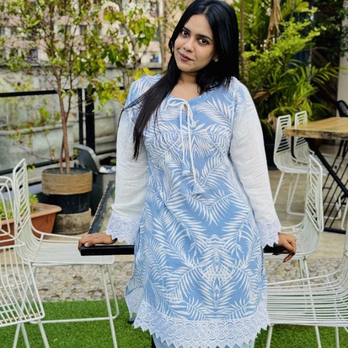Premium Slab Print Cotton Fabric Kurti– Sky Blue Floral Print