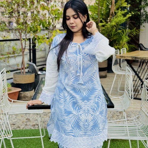 Premium Slab Print Cotton Fabric Kurti– Sky Blue Floral Print