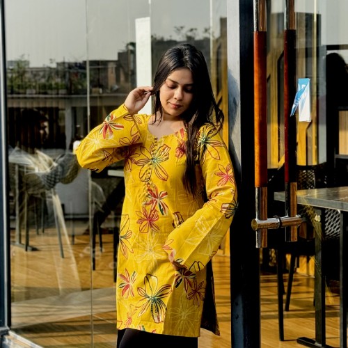 Premium Silk Chiffon Cotton Fabric Kurti– Yellow Floral Print