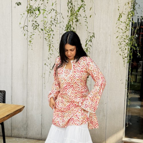 Premium Cotton Linen Chapa Fabric Kurti– Red Mixed Color Print