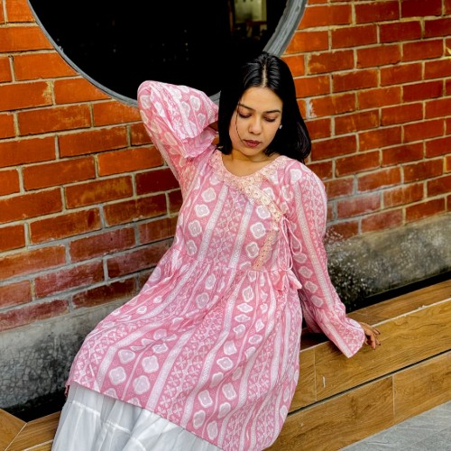 Premium Voile Cotton Fabric Kurti– Pink Floral Print